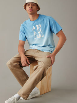 American Eagle - Men Blue Super Soft Dip-Dye Logo Graphic T-Shirt