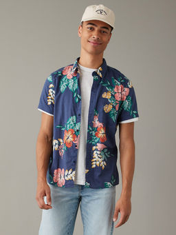 American Eagle - Men Blue Tropical Button-Up Resort Shirt