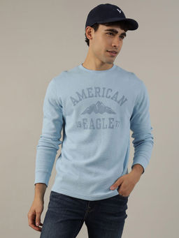 American Eagle - Men Blue Long-Sleeve Logo Graphic Thermal T-Shirt