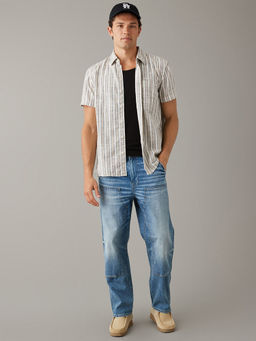 American Eagle - Men Beige Striped Button-Up Resort Shirt
