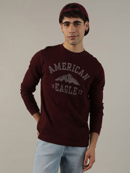 American Eagle - Men Burgundy Long-Sleeve Logo Graphic Thermal T-Shirt