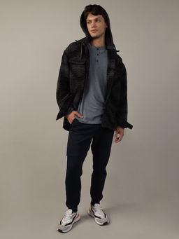 American Eagle - Men Black Super Soft Printed Hooded Flannel Shirt
