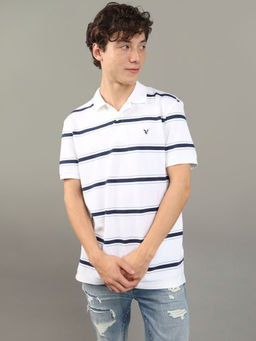 American Eagle - Men White Striped Polo Shirt