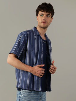 American Eagle - Men Blue Striped Button-Up Poolside Shirt