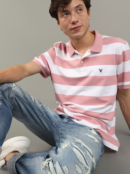 American Eagle - Men Pink Striped Polo Shirt