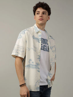 American Eagle - Men White Tropical Button-Up Poolside Shirt