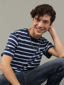 American Eagle - Men Blue Flex Pique Striped T-Shirt