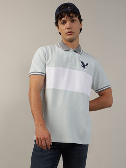 American Eagle - Men Blue Colorblock Logo Flex Pique Polo Shirt