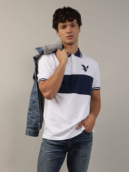 American Eagle - Men White Colorblock Logo Flex Pique Polo Shirt