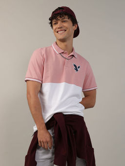 American Eagle - Men Pink Colorblock Logo Flex Pique Polo Shirt