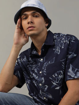 American Eagle - Men Floral Navy Blue Tropical Button-Up Poolside Shirt