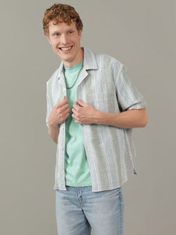 American Eagle - Men Grey Stripes Button-Up Poolside Shirt