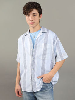 American Eagle - Men Blue Stripes Button-Up Poolside Shirt