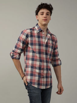 American Eagle - Men Checks Multi-Color Slim Fit Plaid Poplin Everyday Button-Up Shirt