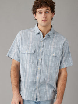 American Eagle - Men Blue Stripes Button-Up Poolside Shirt
