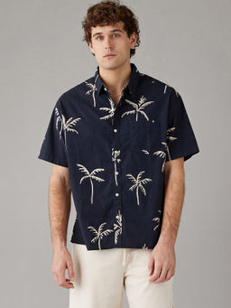 American Eagle - Men Navy Blue Printed Button-Up Poolside Shirt