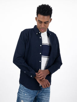 American Eagle - Men Solid Navy Blue Slim Fit Oxford Button-Up Shirt