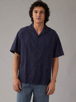 American Eagle - Men Embroidered Blue Button-Up Poolside Shirt