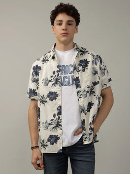 American Eagle - Men White Floral Button-Up Poolside Casual Shirt