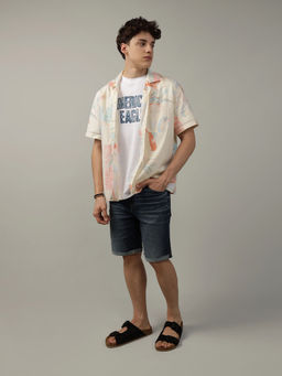 American Eagle - Men White Tropical Button-Up Poolside Casual Shirt