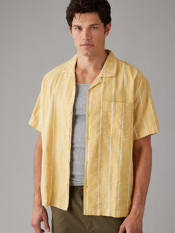 American Eagle - Men White Striped Button-Up Poolside Casual Shirt