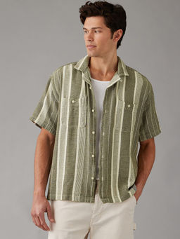 American Eagle - Men Grey Striped Button-Up Poolside Casual Shirt