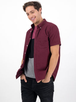 American Eagle - Men Burgundy Oxford Half Sleeve Button-Up Casual Shirt