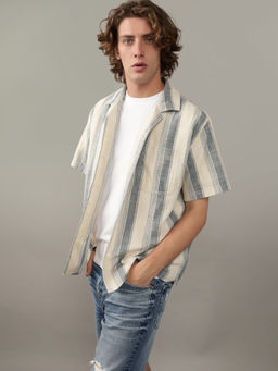 American Eagle - Men Beige Striped Button-Up Poolside Casual Shirt