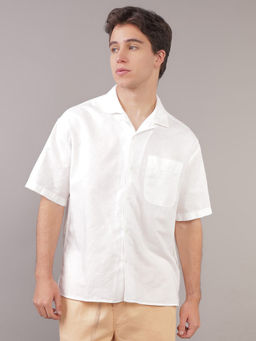 American Eagle - Men White Linen-Blend Button-Up Poolside Casual Shirt