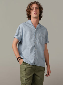 American Eagle - Men Blue Linen-Blend Button-Up Poolside Casual Shirt