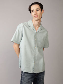 American Eagle - Men Green Waffle Button-Up Poolside Casual Shirt