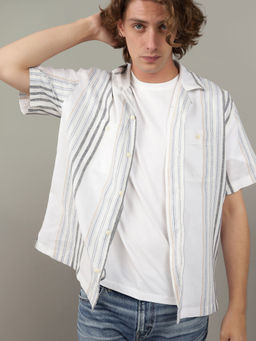 American Eagle - Men White Striped Linen-Blend Button-Up Poolside Casual Shirt