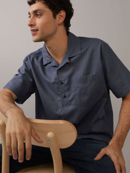 American Eagle - Men Blue Linen-Blend Popover Casual Shirt