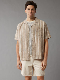 American Eagle - Men Beige Linen-Blend Striped Button-Up Poolside Casual Shirt