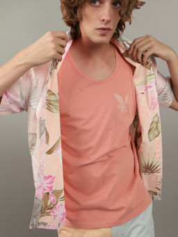 American Eagle - Men Peach Floral Button-Up Shirt