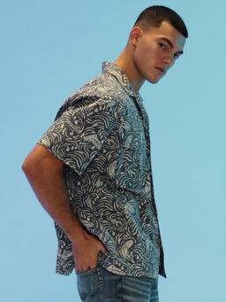 American Eagle - Men Blue 24/7 Stretch Printed Poolside Shirt
