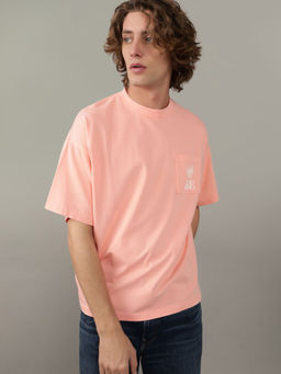 American Eagle - Men Peach Oversized Logo Graphic T-Shirt