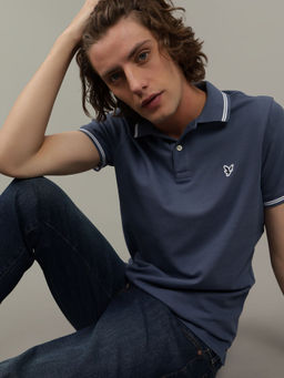 American Eagle - Men Blue Slim Fit Tipped Flex Pique Polo Shirt