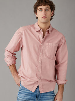 American Eagle - Men Peach Poplin Button-Up Shirt
