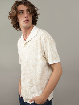 American Eagle - Men Beige Flex Pique Printed Collar Neck Polo T-Shirt
