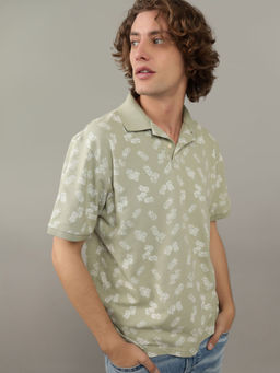 American Eagle - Men Green Flex Pique Printed Collar Neck Polo T-Shirt