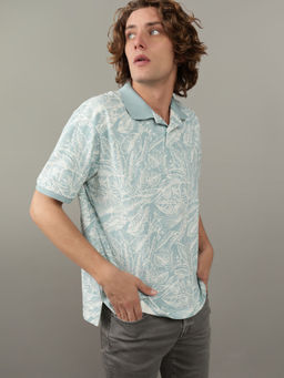 American Eagle - Men Blue Flex Pique Printed Collar Neck Polo T-Shirt