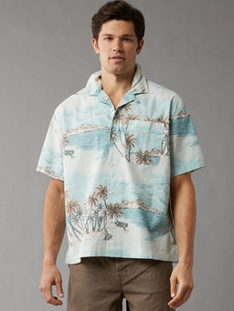 American Eagle - Men Blue Tropical Button Up Poolside Shirt