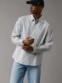 American Eagle - Men Grey Everyday Poplin Striped Button Up Shirt