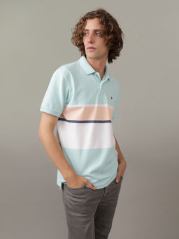 American Eagle - Men Blue Colorblock Collar Neck Regular Fit Polo T-Shirt