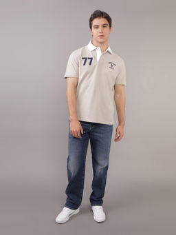American Eagle - Men Beige Solid Collar Neck Regular Fit Polo T-Shirt