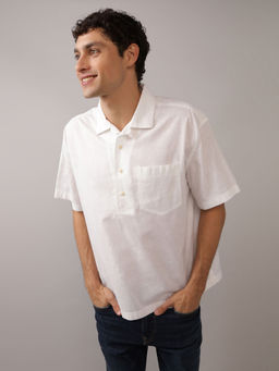 American Eagle - Men White Linen-Blend Popover Shirt