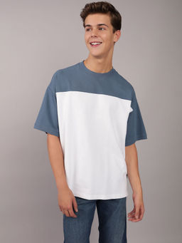 American Eagle - Men Blue Oversized Colorblock Pique T-Shirt