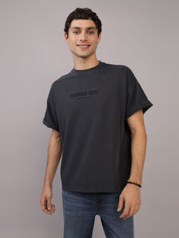 American Eagle - Men Charcoal Cotton Solid Crew Neck T-Shirt
