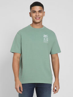 American Eagle - Men Green Cotton Solid Crew Neck T-Shirt